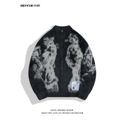 BOYUE帛躍美式黑色小衆提花拉鍊針織衫個性休閒痞帥毛衣外套男女