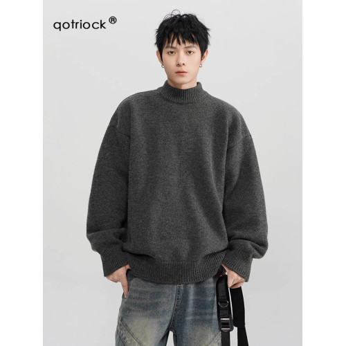 美式純色半高領毛衣男女冬季慵懶風加厚針織衫寬松純色情侶外套