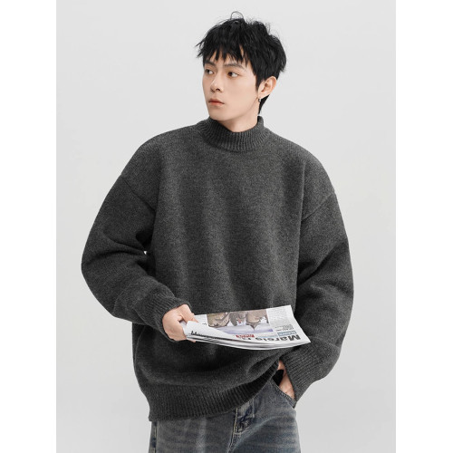 美式純色半高領毛衣男女冬季慵懶風加厚針織衫寬松純色情侶外套