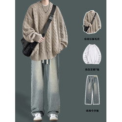 男士復古休閒圓領毛衣青少年潮牌針織衫男生酷帥穿搭學生秋冬套裝