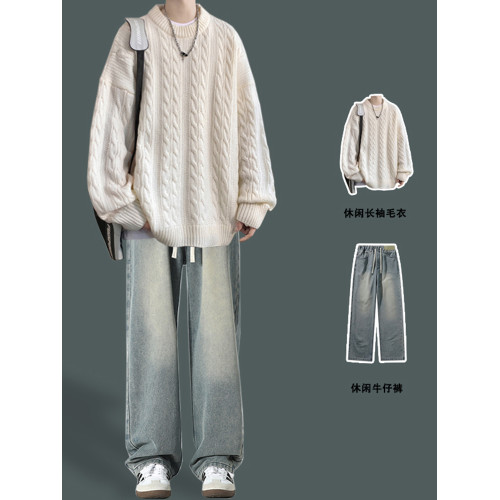 男士復古休閒圓領毛衣青少年潮牌針織衫男生酷帥穿搭學生秋冬套裝