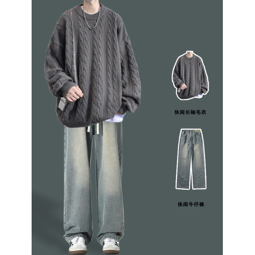 男士復古休閒圓領毛衣青少年潮牌針織衫男生酷帥穿搭學生秋冬套裝