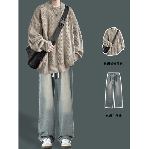 男士復古休閒圓領毛衣青少年潮牌針織衫男生酷帥穿搭學生秋冬套裝