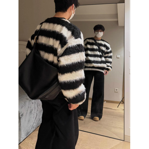 水貂絨條紋情侶毛衣男秋冬季韓版寬松針織衫oversize圓領軟糯上衣