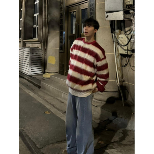 水貂絨條紋情侶毛衣男秋冬季韓版寬松針織衫oversize圓領軟糯上衣