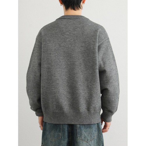 淺灰色男生毛衣秋冬款潮牌寬松紐釦針織衫高級感青少年加絨線衣厚