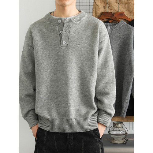 淺灰色男生毛衣秋冬款潮牌寬松紐釦針織衫高級感青少年加絨線衣厚