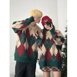 聖誕毛衣情侶裝秋冬ins潮牌寬松菱格圓領套頭高級感慵懶風針織衫