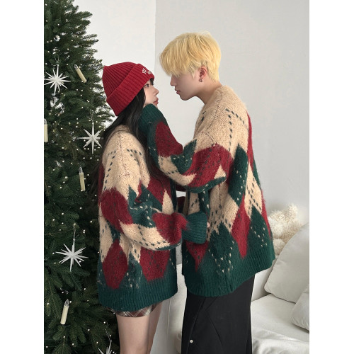 聖誕毛衣情侶裝秋冬ins潮牌寬松菱格圓領套頭高級感慵懶風針織衫 聖誕毛衣情侶裝秋冬ins潮牌寬松菱格圓領套頭高級感慵懶風針織衫