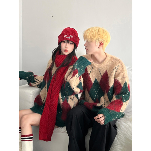 聖誕毛衣情侶裝秋冬ins潮牌寬松菱格圓領套頭高級感慵懶風針織衫 聖誕毛衣情侶裝秋冬ins潮牌寬松菱格圓領套頭高級感慵懶風針織衫