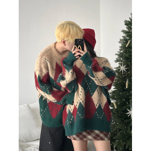聖誕毛衣情侶裝秋冬ins潮牌寬松菱格圓領套頭高級感慵懶風針織衫 聖誕毛衣情侶裝秋冬ins潮牌寬松菱格圓領套頭高級感慵懶風針織衫