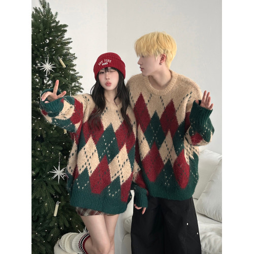 聖誕毛衣情侶裝秋冬ins潮牌寬松菱格圓領套頭高級感慵懶風針織衫 聖誕毛衣情侶裝秋冬ins潮牌寬松菱格圓領套頭高級感慵懶風針織衫