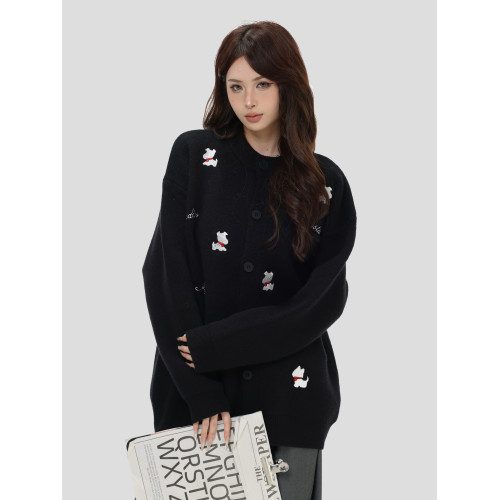 INSstudios 國潮美式「小狗刺綉開衫毛衣」寬松休閒百搭針織外套