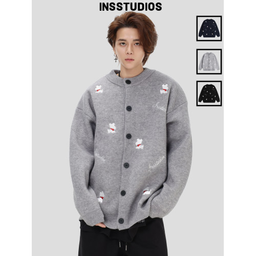 INSstudios 國潮美式「小狗刺綉開衫毛衣」寬松休閒百搭針織外套