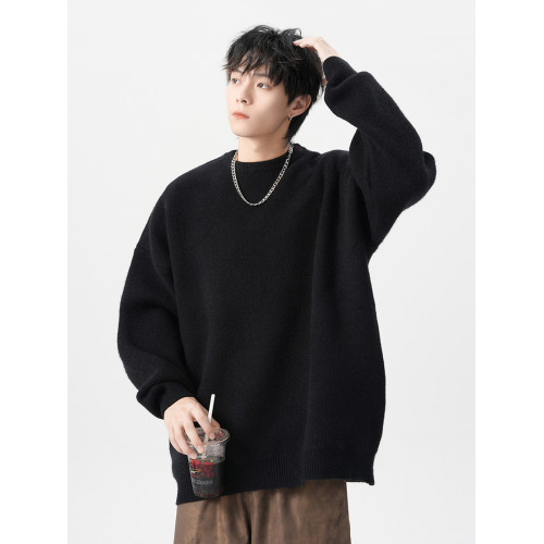 純色圓領毛衣男女冬季潮牌慵懶風寬松百搭針織衫加絨加厚內搭外套