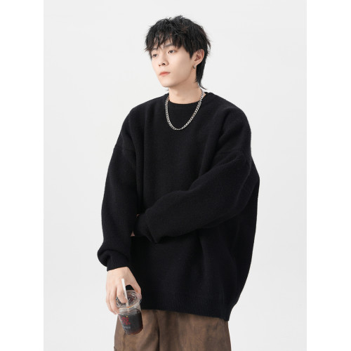 純色圓領毛衣男女冬季潮牌慵懶風寬松百搭針織衫加絨加厚內搭外套