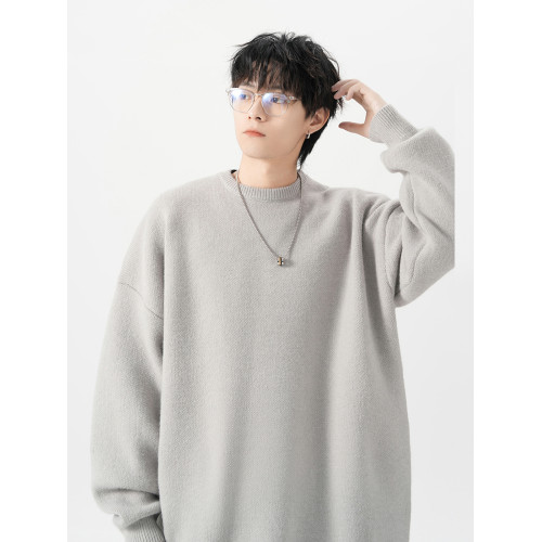 純色圓領毛衣男女冬季潮牌慵懶風寬松百搭針織衫加絨加厚內搭外套