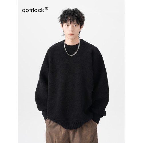 純色圓領毛衣男女冬季潮牌慵懶風寬松百搭針織衫加絨加厚內搭外套