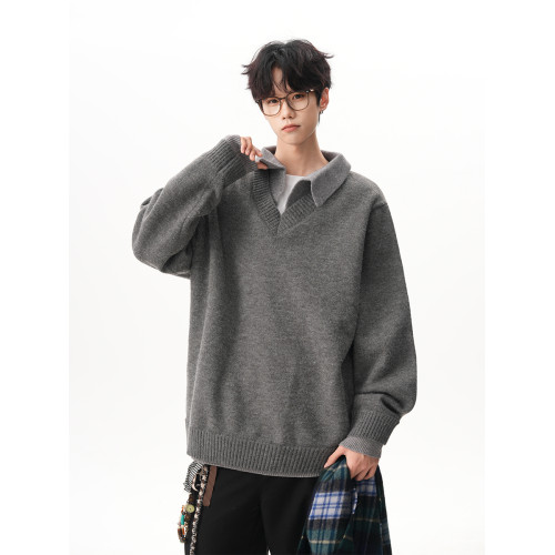 700G重磅假兩件翻領毛衣男秋季高級感加厚V領外套寬松polo衫上衣