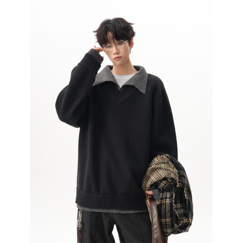 700G重磅假兩件翻領毛衣男秋季高級感加厚V領外套寬松polo衫上衣