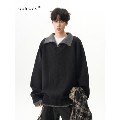 700G重磅假兩件翻領毛衣男秋季高級感加厚V領外套寬松polo衫上衣