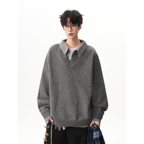 700G重磅假兩件翻領毛衣男秋季高級感加厚V領外套寬松polo衫上衣