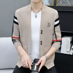 潮牌刺綉針織開衫男春秋款休閒外搭男士毛衣外套薄款秋裝格子上衣