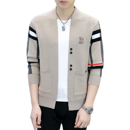 潮牌刺綉針織開衫男春秋款休閒外搭男士毛衣外套薄款秋裝格子上衣