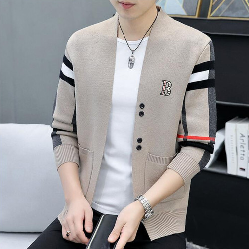 潮牌刺綉針織開衫男春秋款休閒外搭男士毛衣外套薄款秋裝格子上衣