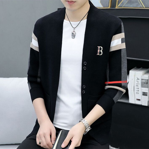 潮牌刺綉針織開衫男春秋款休閒外搭男士毛衣外套薄款秋裝格子上衣