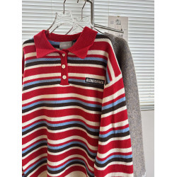 MASDYIREN 美式復古紅色翻領條紋毛衣針織衫男女休閒慵懶上衣外套