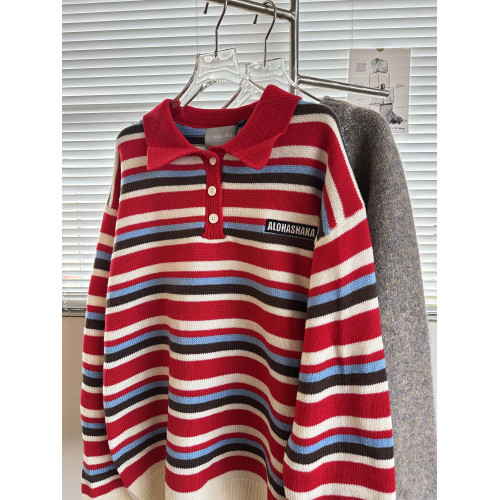 MASDYIREN 美式復古紅色翻領條紋毛衣針織衫男女休閒慵懶上衣外套