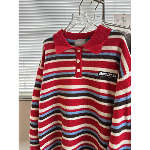 MASDYIREN 美式復古紅色翻領條紋毛衣針織衫男女休閒慵懶上衣外套