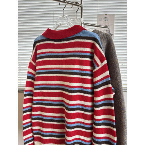 MASDYIREN 美式復古紅色翻領條紋毛衣針織衫男女休閒慵懶上衣外套