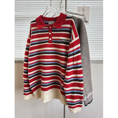 MASDYIREN 美式復古紅色翻領條紋毛衣針織衫男女休閒慵懶上衣外套