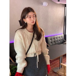 PPHOME溫柔設計感綁帶收腰麻花毛衣女秋冬韓系高級感寬松針織開衫