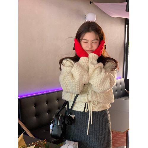 PPHOME溫柔設計感綁帶收腰麻花毛衣女秋冬韓系高級感寬松針織開衫