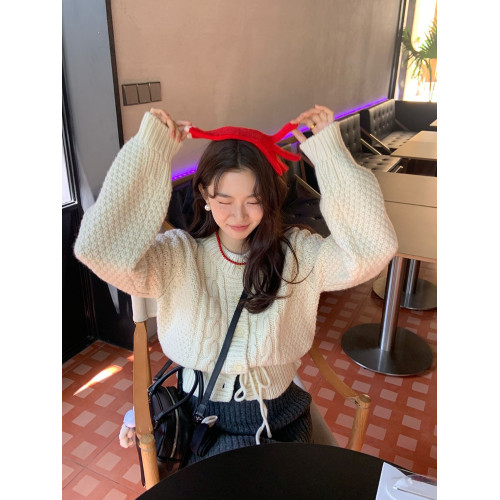 PPHOME溫柔設計感綁帶收腰麻花毛衣女秋冬韓系高級感寬松針織開衫