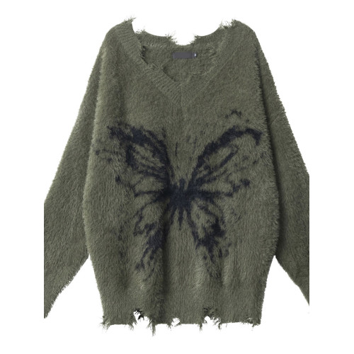 秋冬復古破舊感慵懶風蝴蝶提花毛衣女學生寬松百搭顯瘦針織衫上衣