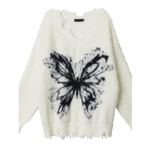 秋冬復古破舊感慵懶風蝴蝶提花毛衣女學生寬松百搭顯瘦針織衫上衣