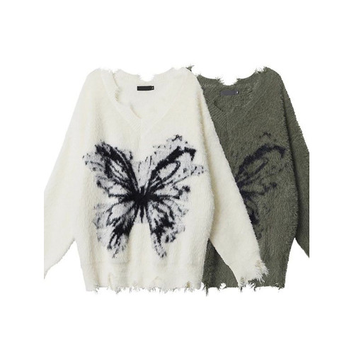 秋冬復古破舊感慵懶風蝴蝶提花毛衣女學生寬松百搭顯瘦針織衫上衣