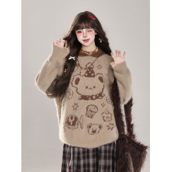 復古軟糯小熊套頭毛衣女秋冬水貂絨設計感寬松慵懶風連帽針織上衣