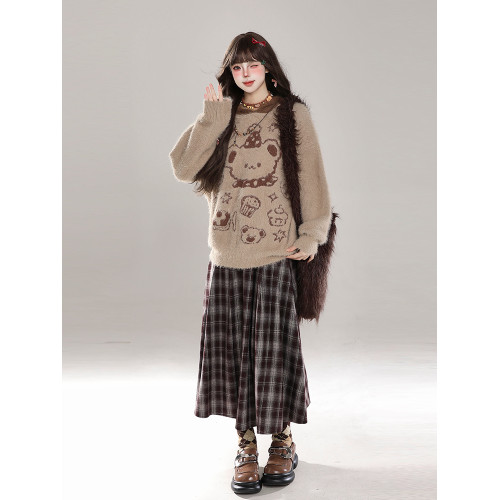 復古軟糯小熊套頭毛衣女秋冬水貂絨設計感寬松慵懶風連帽針織上衣