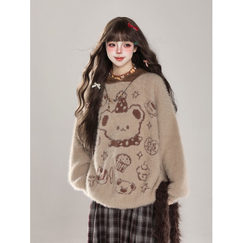 復古軟糯小熊套頭毛衣女秋冬水貂絨設計感寬松慵懶風連帽針織上衣