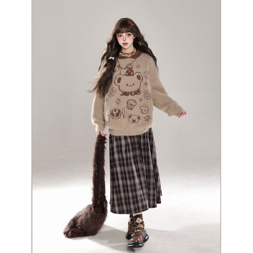 復古軟糯小熊套頭毛衣女秋冬水貂絨設計感寬松慵懶風連帽針織上衣