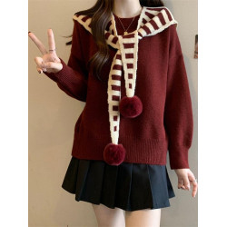 假兩件條紋披肩針織衫安可拉紅色毛衣女早秋季大碼胖mm海軍領上衣