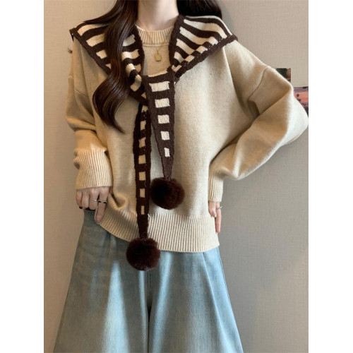 假兩件條紋披肩針織衫安可拉紅色毛衣女早秋季大碼胖mm海軍領上衣