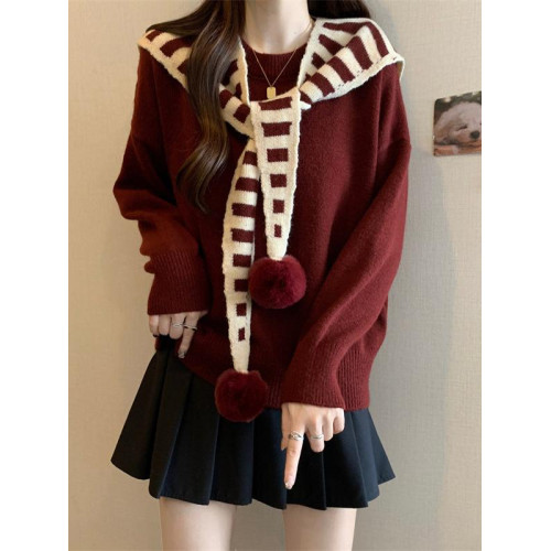 假兩件條紋披肩針織衫安可拉紅色毛衣女早秋季大碼胖mm海軍領上衣