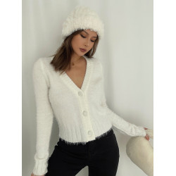 辣妹顯瘦高腰V領毛絨軟糯針織小開衫長袖毛衣短款外套2024年新款