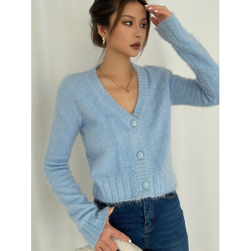 辣妹顯瘦高腰V領毛絨軟糯針織小開衫長袖毛衣短款外套2024年新款